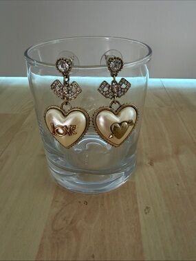 Betsey Johnson Gold-Tone Pearl Heart Drop Earrings with Rhinestone Bows